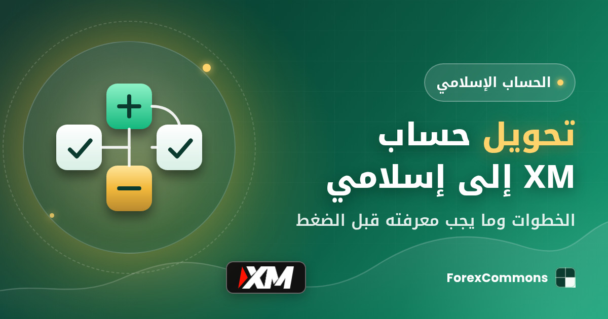 غلاف مقال تحويل حساب XM إلى إسلامي: شعار XM وأيقونة منصة تداول وعنوان «تحويل حساب XM إلى إسلامي»